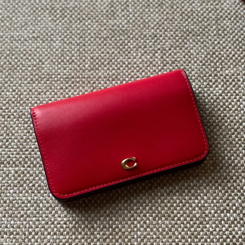 COACH Slim Card Case In Colorblock, Brass/Candy Apple Multi, New